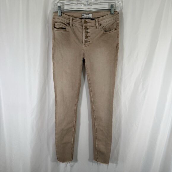 Free People Jeans Women's 26 Tan Denim Button Fly Raw Hem Skinny Jeans - Picture 1 of 11